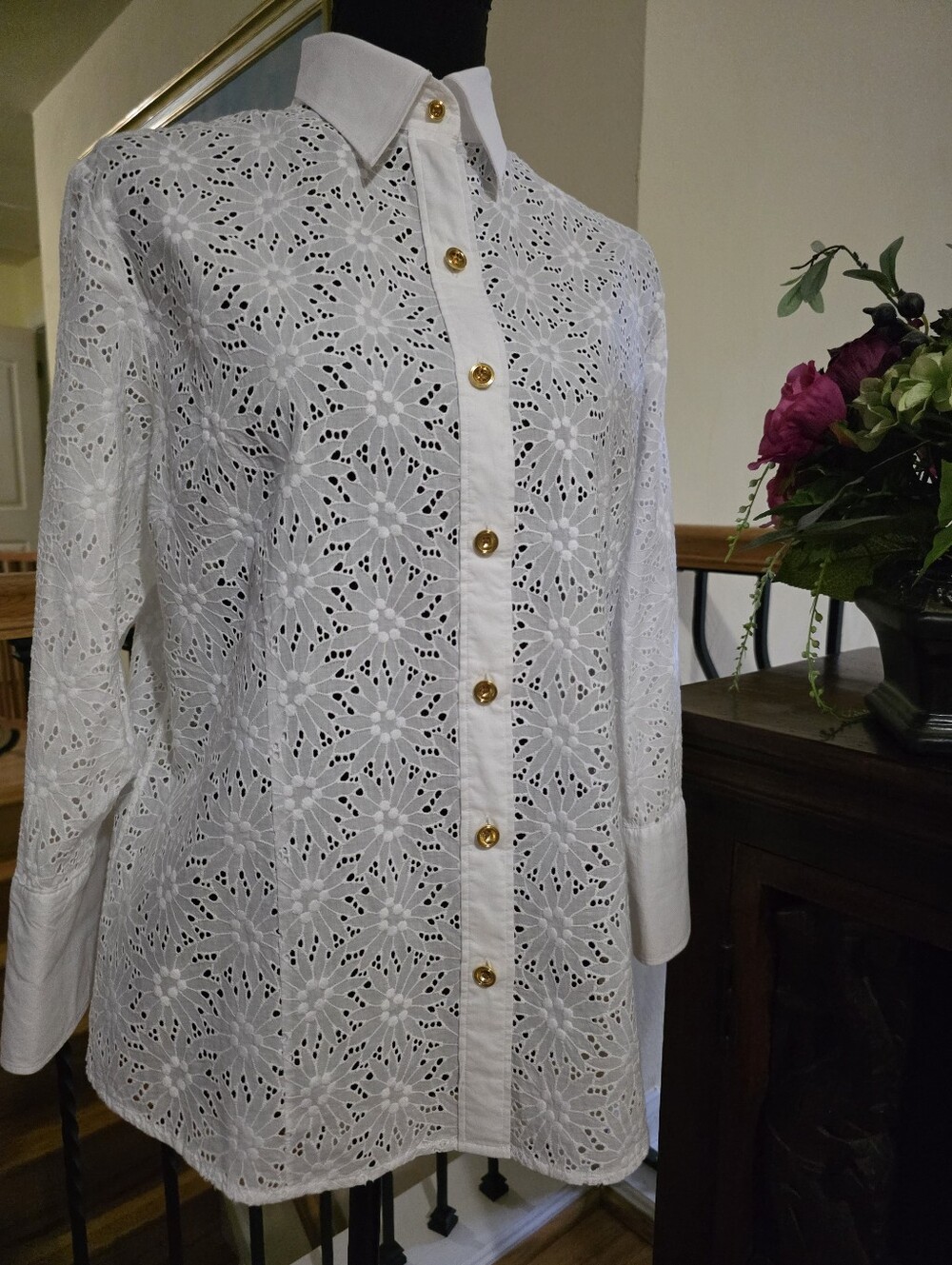 Women's White Eyelet Button-Down Blouse with Gold Buttons Medium